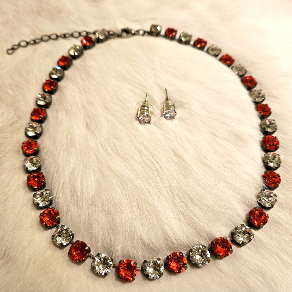 Orange and Clear Gemstone Necklace and Earring Set